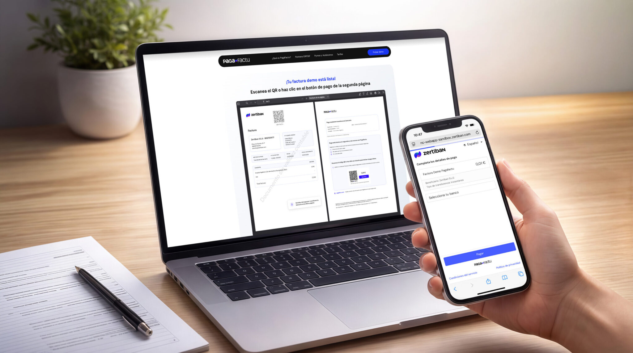 Mockup demo online PagaFactu en desktop y móvil – The Backstage
